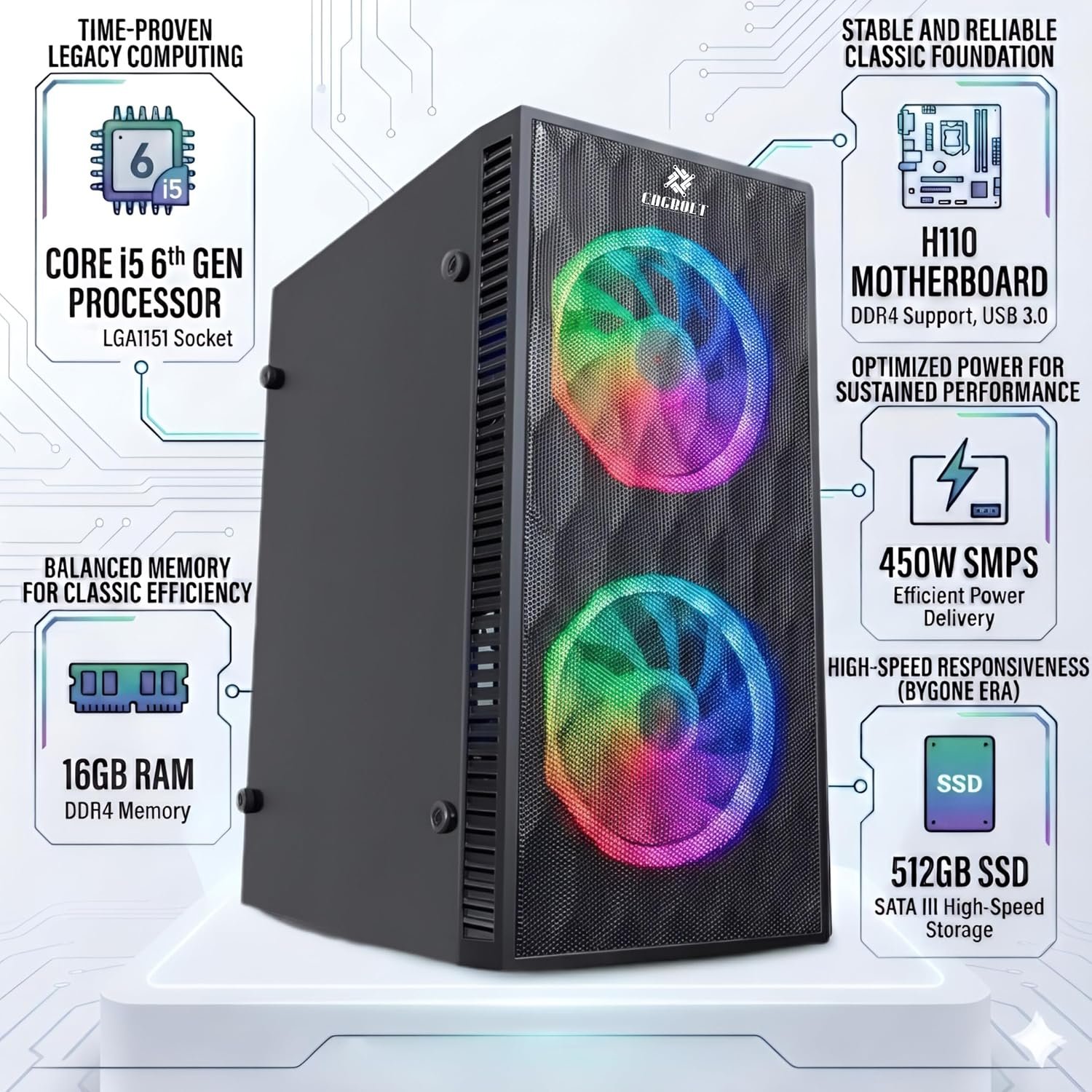 CAGBOLT High Performance Desktop PC | Core i5 6th Gen | 16GB DDR4 RAM | 512GB SSD | HD Graphics 530 | 5G WiFi & Bluetooth | Windows 11 Pro | MS Office 2024 | 2 Years Warranty